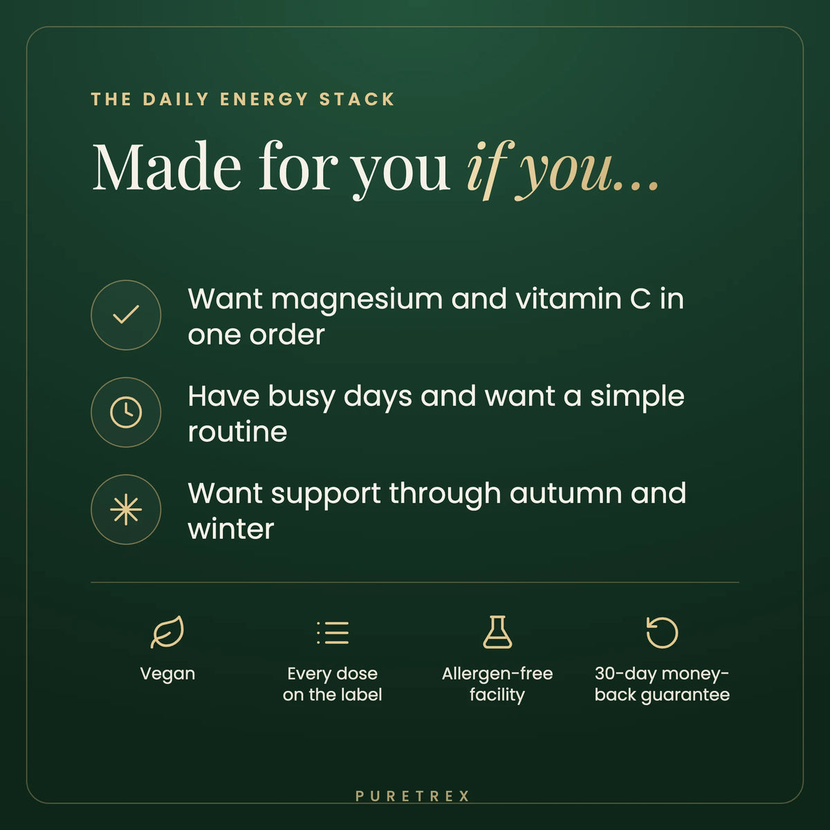 Who the Daily Energy Stack is for: magnesium and vitamin C in one order, a simple routine for busy days, vegan, with a 30-day money-back guarantee