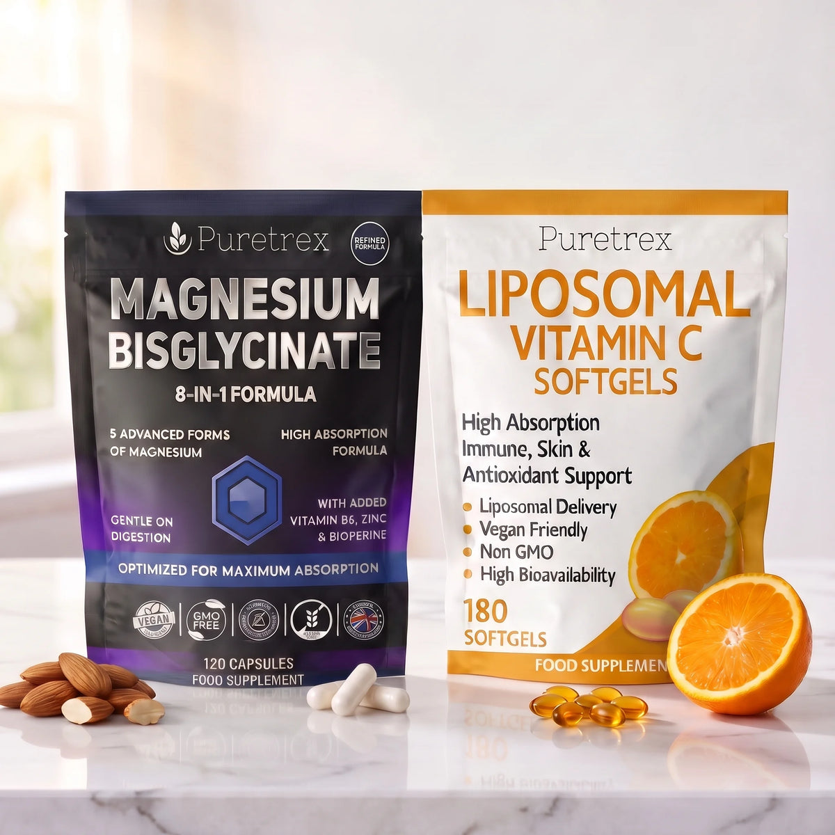 PURETREX Daily Energy Stack: Magnesium Bisglycinate capsules and Liposomal Vitamin C softgels pouches on a white marble surface