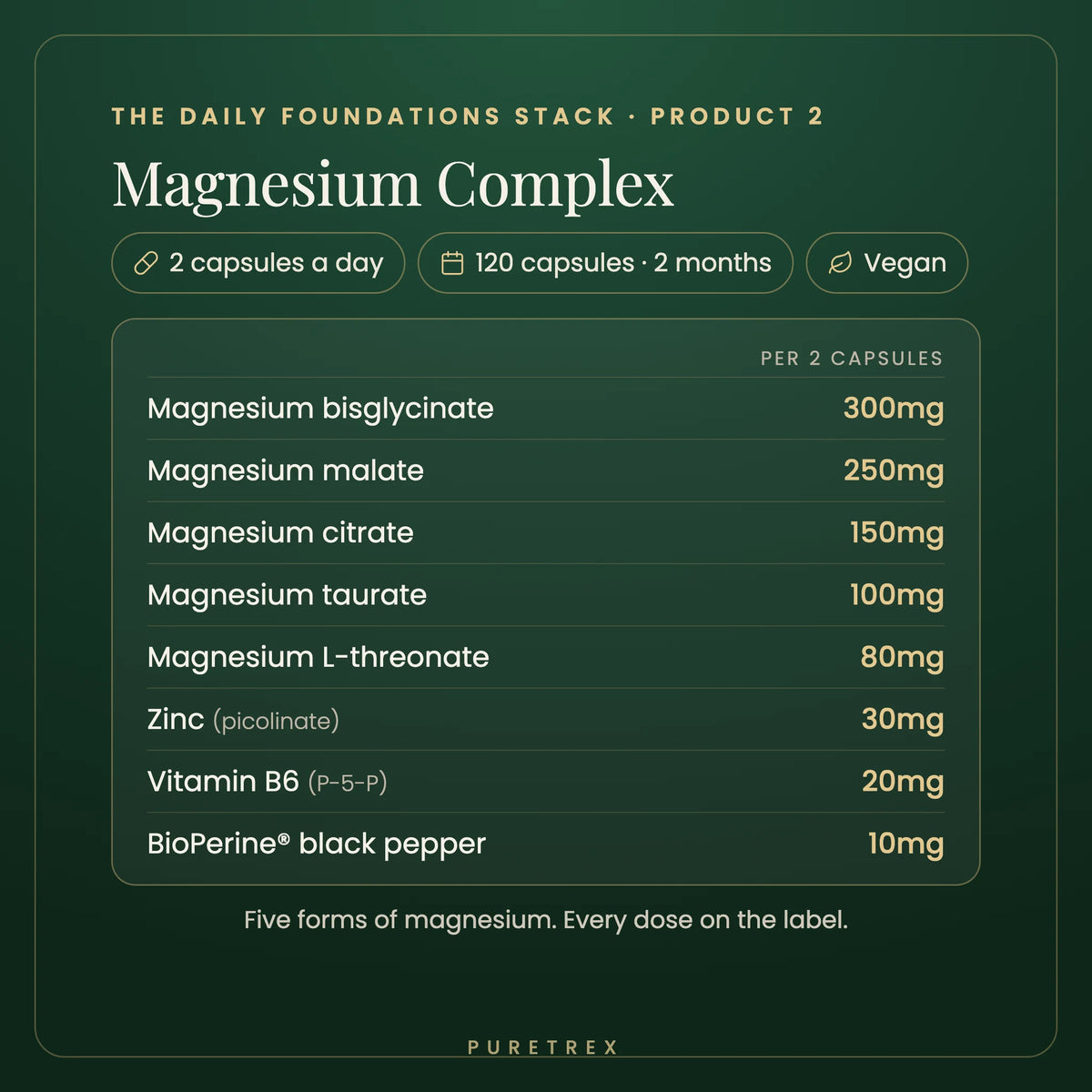 Magnesium Complex in the Daily Foundations Stack: 2 capsules a day, 120 capsules for 2 months, vegan. Per 2 capsules: magnesium bisglycinate 300mg, malate 250mg, citrate 150mg, taurate 100mg, L-threonate 80mg, zinc 30mg, vitamin B6 20mg, BioPerine 10mg