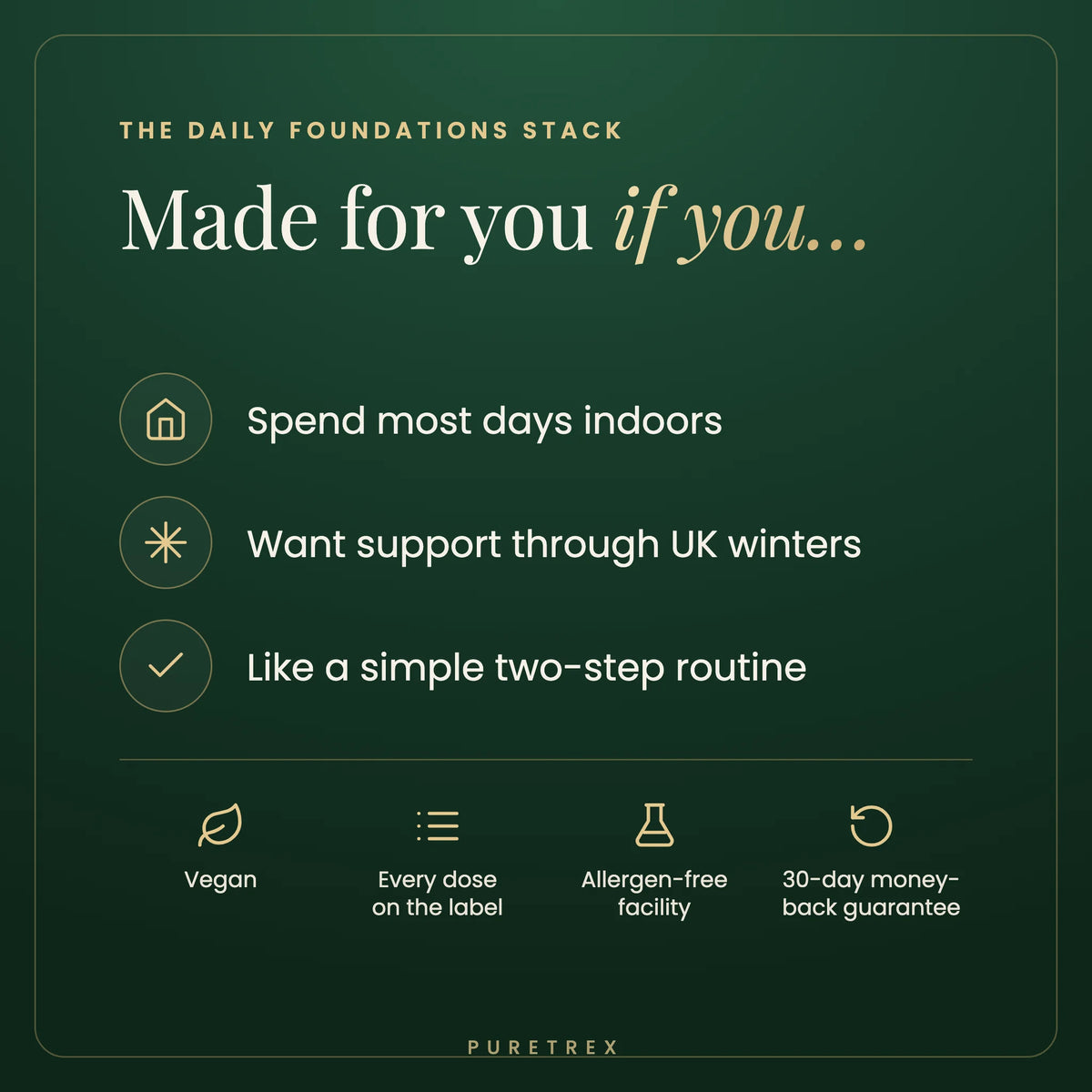 Who the Daily Foundations Stack is for: people who spend most days indoors and want a simple vegan routine, with a 30-day money-back guarantee