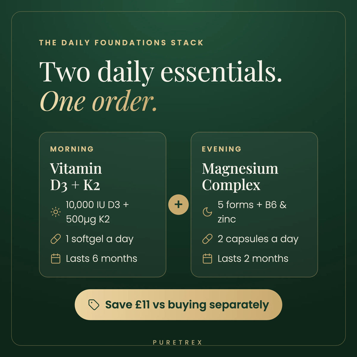 Daily Foundations Stack: Vitamin D3 + K2 softgels, 1 a day for 6 months, plus Magnesium Complex, 2 capsules a day for 2 months. Save £11 vs buying separately