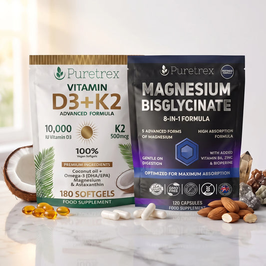 PURETREX Daily Foundations Stack: Vitamin D3 + K2 softgels and Magnesium Bisglycinate capsules pouches on a white marble surface