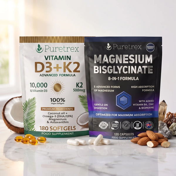 PURETREX Daily Foundations Stack: Vitamin D3 + K2 softgels and Magnesium Bisglycinate capsules pouches on a white marble surface