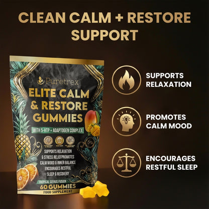 Puretrex Elite Calm and Restore Gummies benefits image highlighting relaxation support, calm mood balance and encouragement of restful sleep