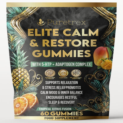 Puretrex Elite Calm and Restore Gummies front packaging showing stress relief and relaxation support with 5-HTP and adaptogen complex, tropical citrus flavour