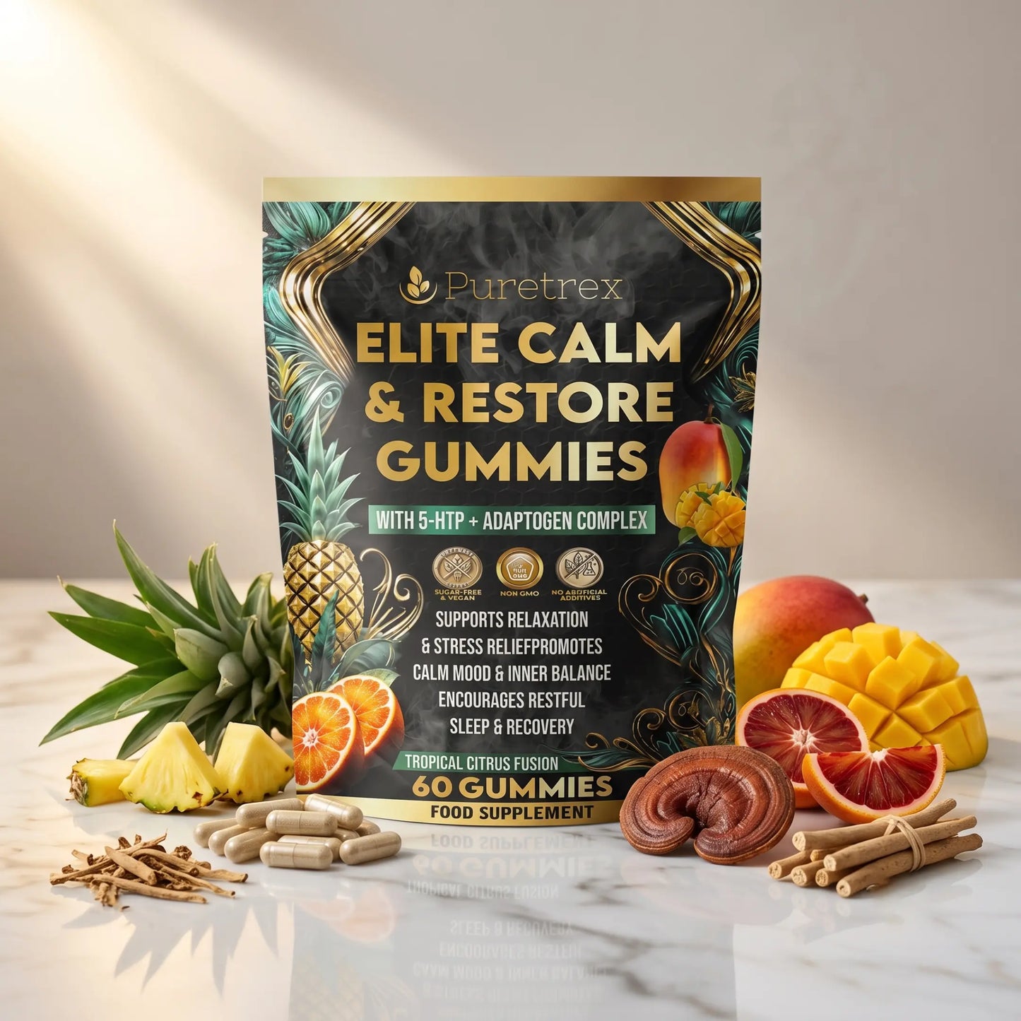 PURETREX Elite Calm and Restore Gummies food supplement front pouch shown on a white marble surface with citrus, dried botanicals and natural ingredients in premium dark packaging

