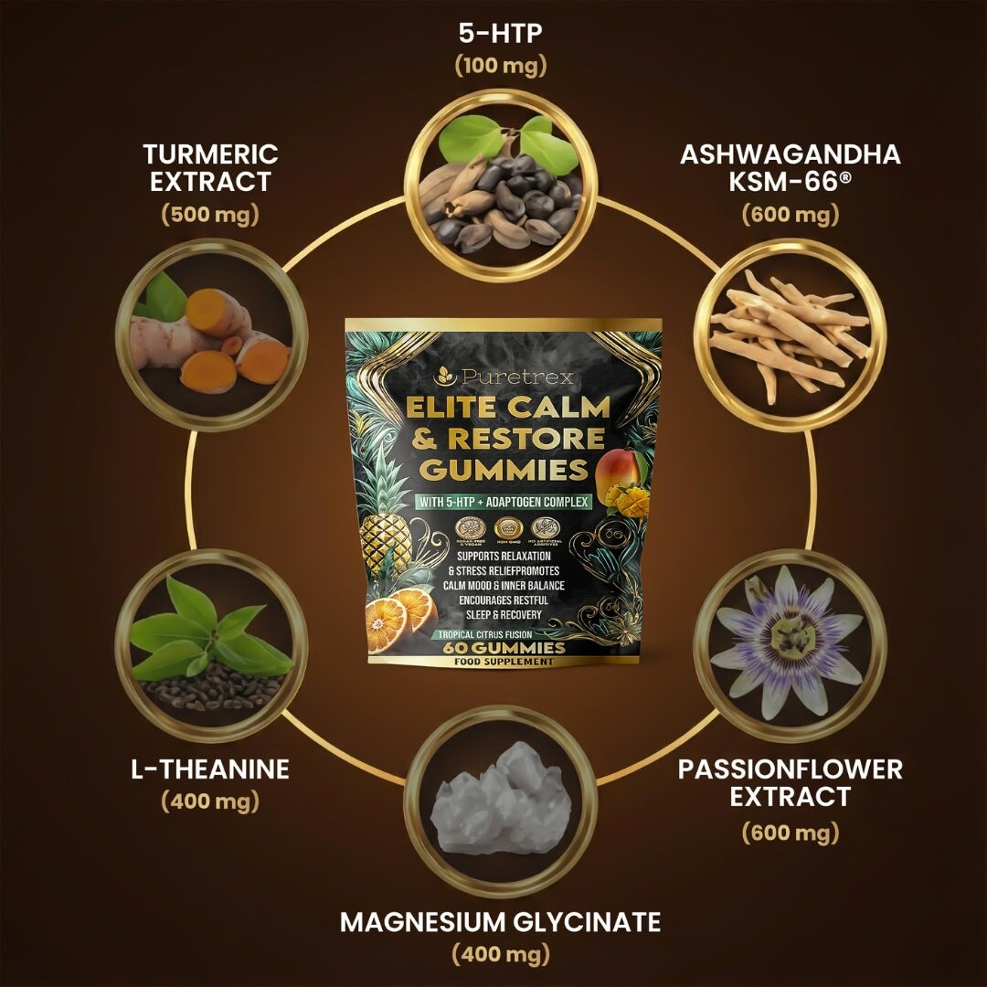 Puretrex Elite Calm and Restore Gummies key ingredients image showing 5-HTP, adaptogens, magnesium and botanical extracts for calm and stress support