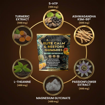 Puretrex Elite Calm and Restore Gummies key ingredients image showing 5-HTP, adaptogens, magnesium and botanical extracts for calm and stress support