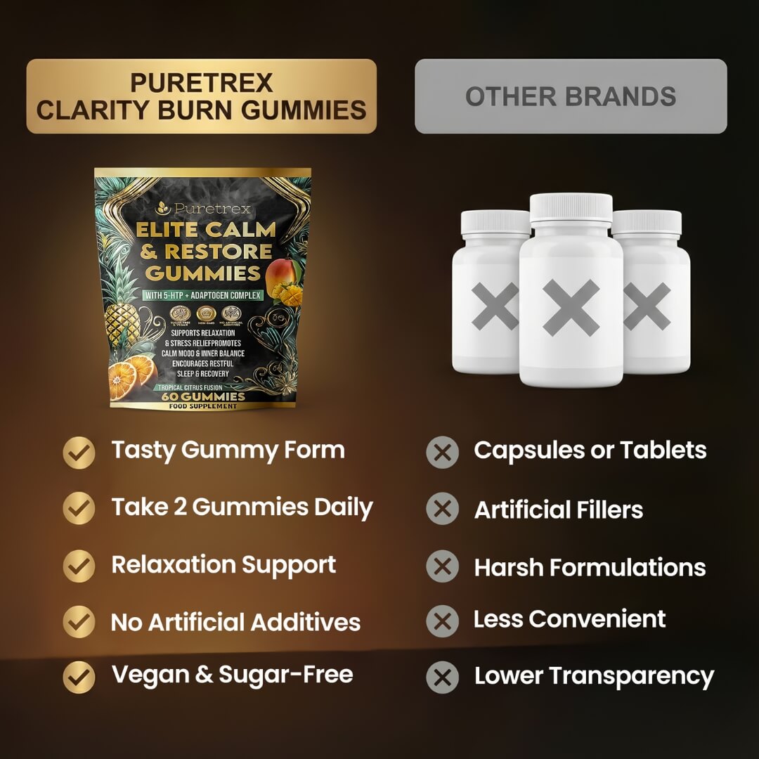 Why choose Puretrex Elite Calm and Restore Gummies comparison highlighting clean formula, vegan gummies, sugar free option and transparent ingredient sourcing
