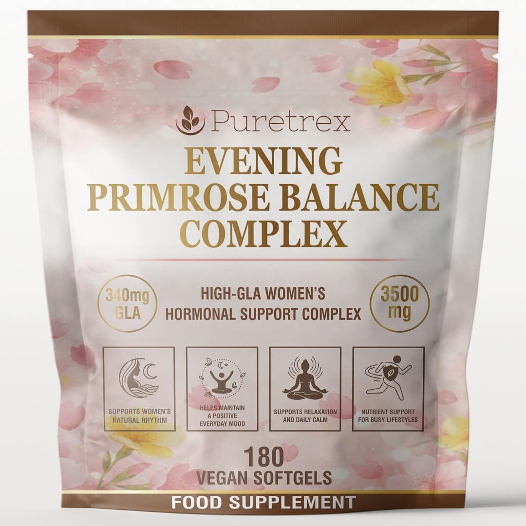Packaging of Puretrex Evening Primrose Balance Complex, 180 vegan softgels, women’s food supplement with evening primrose oil