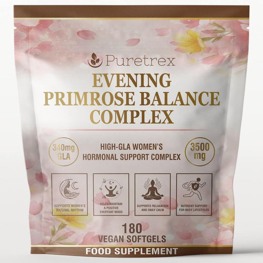Packaging of Puretrex Evening Primrose Balance Complex, 180 vegan softgels, women’s hormonal support food supplement with evening primrose oil