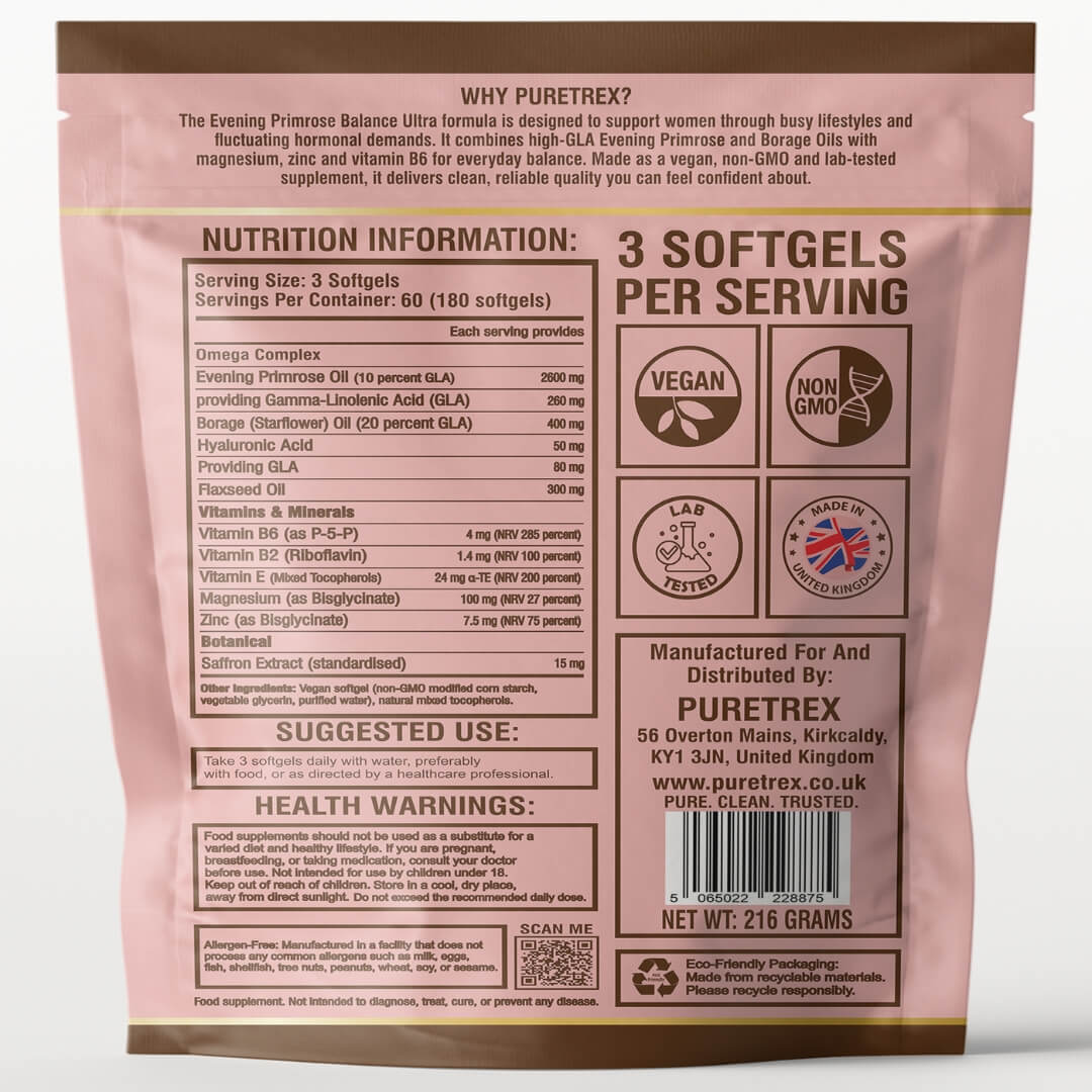 Back of Puretrex Evening Primrose Balance Complex packaging showing nutrition information, ingredients, suggested use, health warnings, vegan and non-GMO icons, barcode, recycling symbols and UK manufacturing details