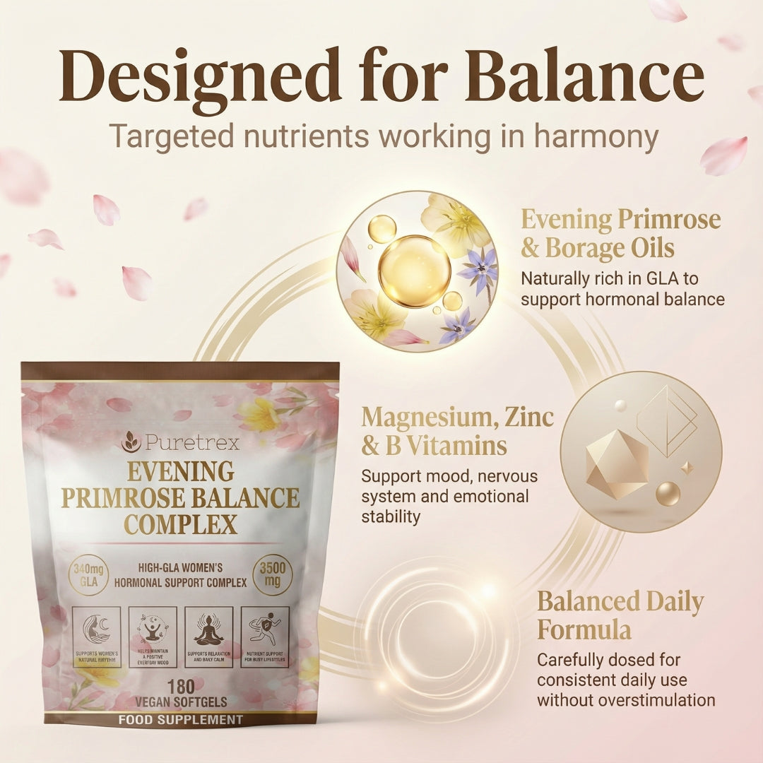 Inside the formula of Puretrex Evening Primrose Balance Complex, evening primrose oil with supporting vitamins and minerals