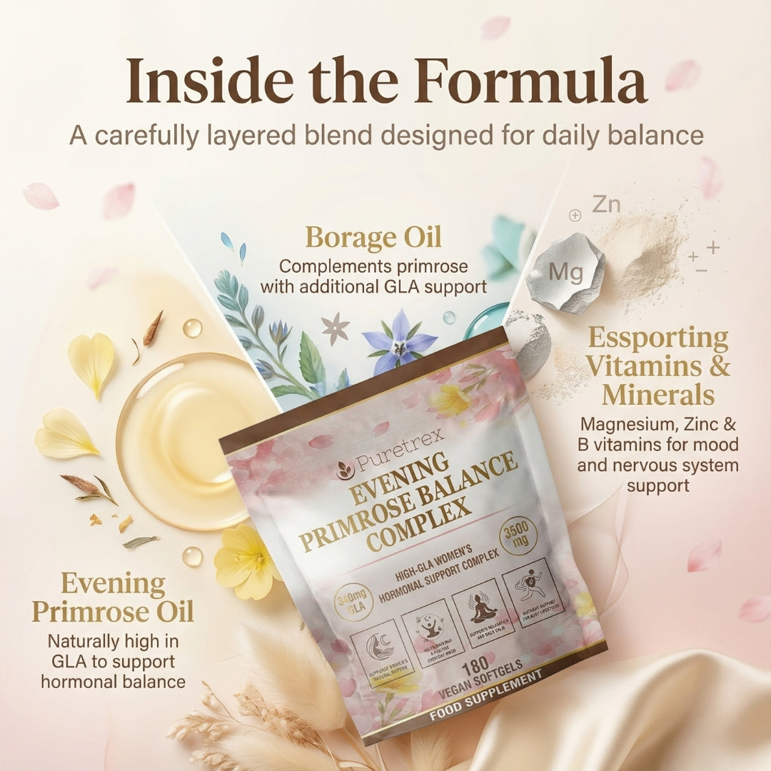 Inside the formula of Puretrex Evening Primrose Balance Complex showing evening primrose oil, borage oil, magnesium, zinc and B vitamins for women’s