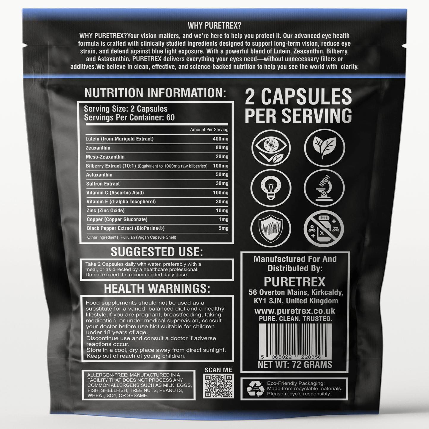 Back of PURETREX EyeShield 360 supplement pouch showing nutrition information table, serving size, ingredients list, usage directions, health warnings and manufacturer details.