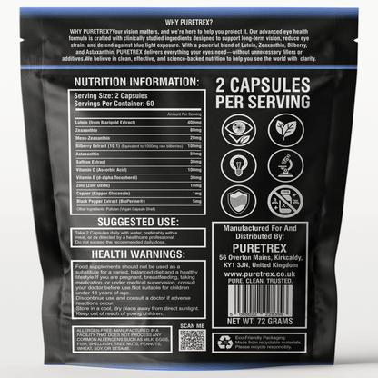 Back of PURETREX EyeShield 360 supplement pouch showing nutrition information table, serving size, ingredients list, usage directions, health warnings and manufacturer details.