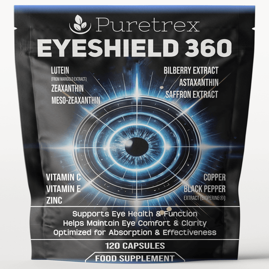 Front of PURETREX EyeShield 360 supplement pouch displaying product name, ingredient highlights and 120 capsules count.