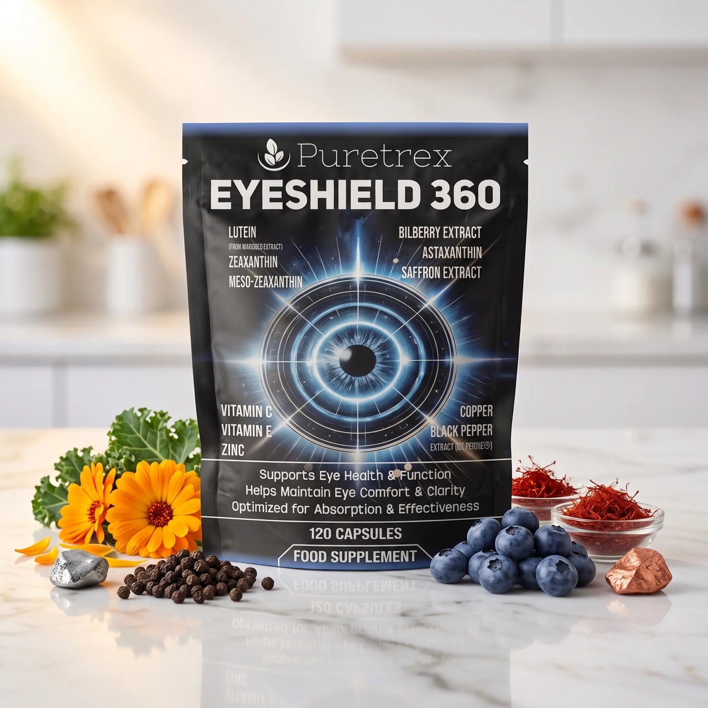 PURETREX EyeShield 360 with lutein, zeaxanthin, meso-zeaxanthin, bilberry extract, astaxanthin, saffron extract, vitamin C, vitamin E, zinc, copper and black pepper extract, 120 capsules, food supplement.