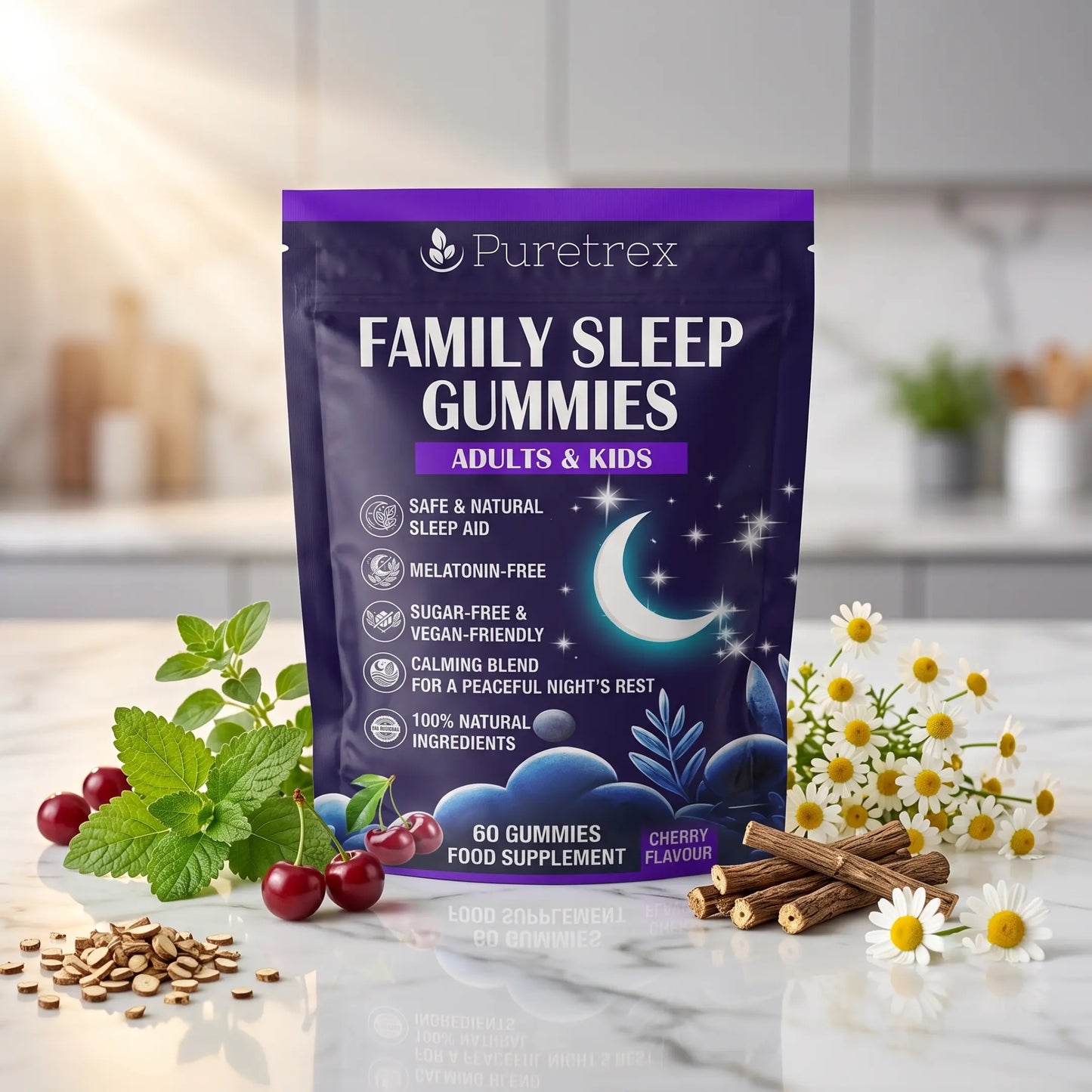 PURETREX Family Sleep Gummies food supplement front pouch in dark blue packaging with moon design, shown on a kitchen surface with chamomile flowers and dried botanicals