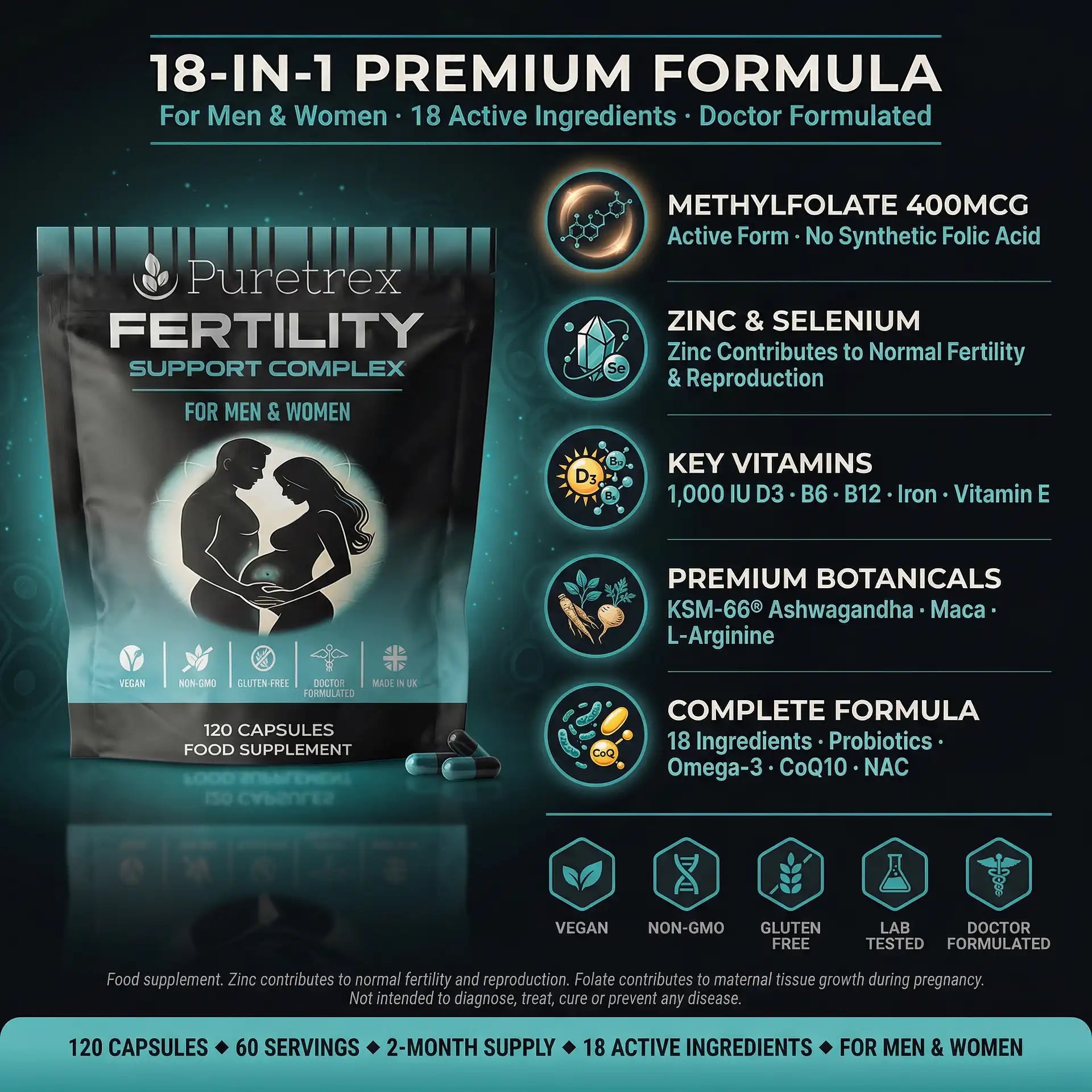 Puretrex Fertility Support Complex 18-in-1 for men and women - methylfolate, zinc, KSM-66, probiotics, 120 vegan capsules