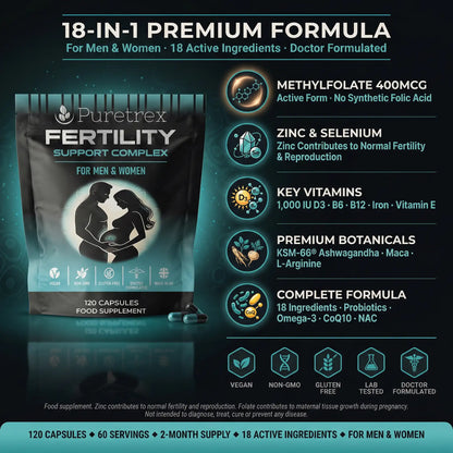 Puretrex Fertility Support Complex 18-in-1 for men and women - methylfolate, zinc, KSM-66, probiotics, 120 vegan capsules