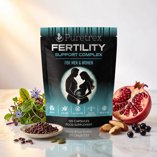 PURETREX Fertility Support Complex food supplement front pouch shown on a white marble surface with pomegranate, dark berries and botanical ingredients in premium packaging