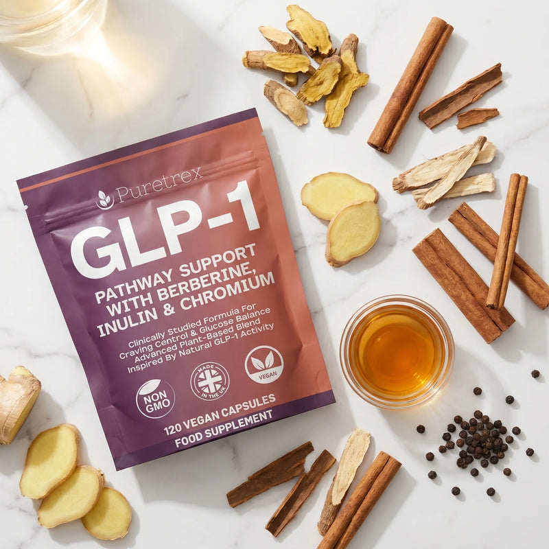 PURETREX GLP-1 Support Complex pouch with berberine, ginger, cinnamon and botanical ingredients — metabolic support supplement UK