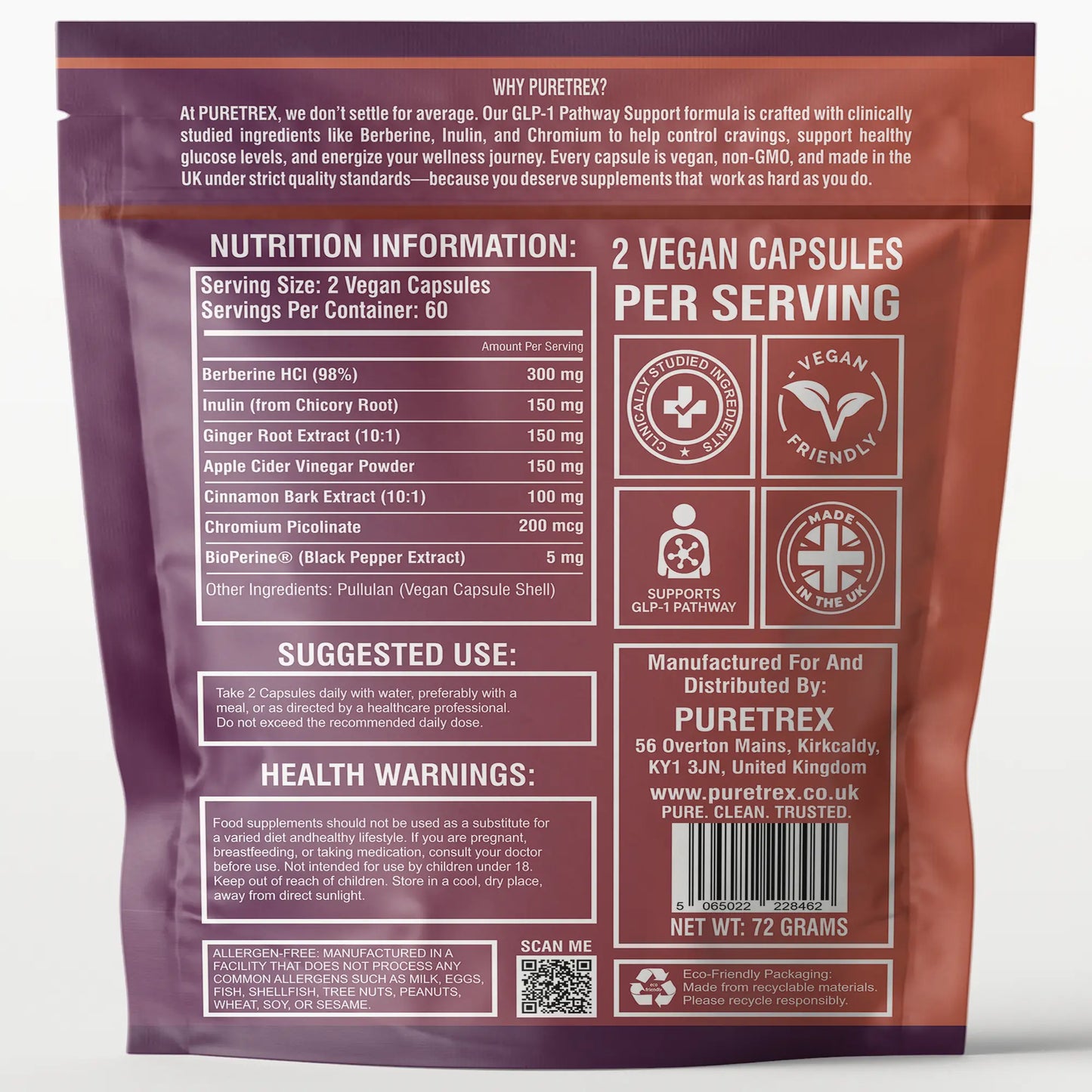 Back of Puretrex GLP-1 Pathway Support supplement package with nutrition information, serving size, suggested use and manufacturer details