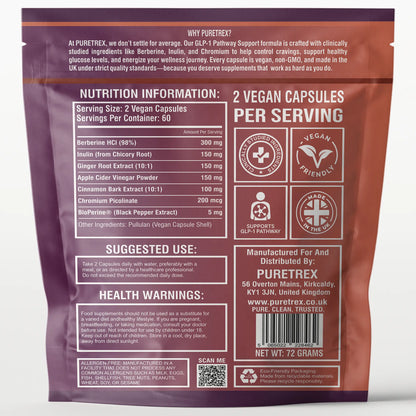 Back of Puretrex GLP-1 Pathway Support supplement package with nutrition information, serving size, suggested use and manufacturer details