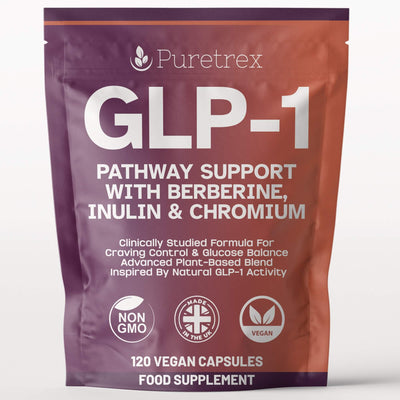 Puretrex GLP-1 Pathway Support supplement front packaging with 120 vegan capsules on a white background