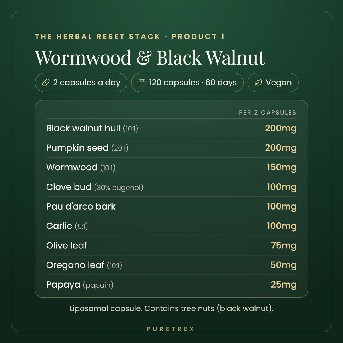 Wormwood & Black Walnut capsules in the Herbal Reset Stack: 2 capsules a day, 120 capsules for 60 days, vegan. Per 2 capsules: black walnut hull, pumpkin seed, wormwood, clove bud, pau d'arco, garlic, olive leaf, oregano leaf and papaya. Contains tree nuts