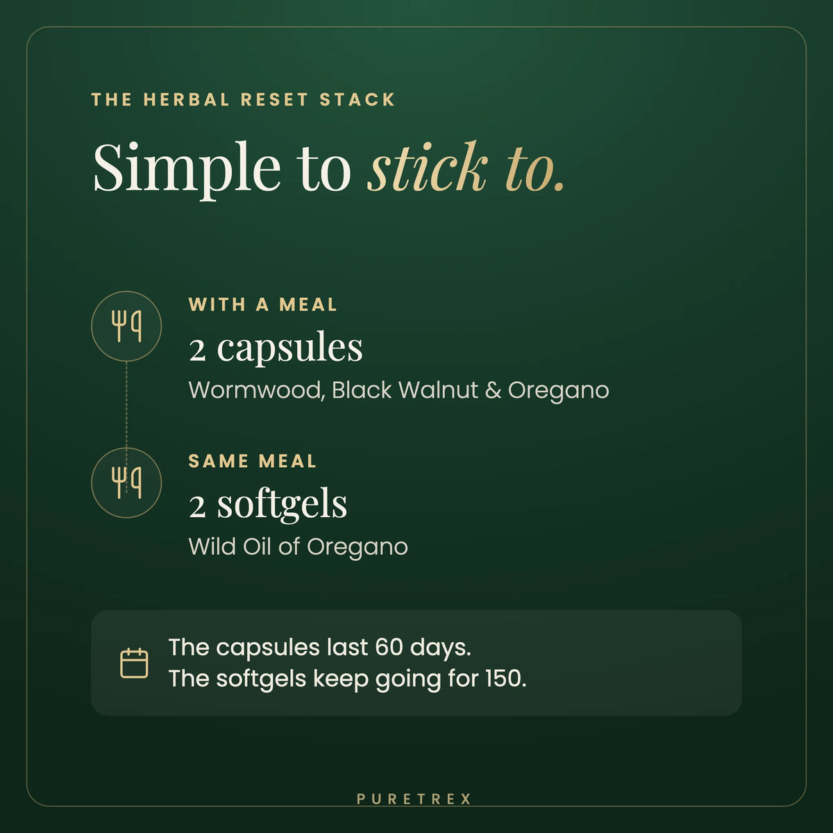 Herbal Reset routine: two capsules and two softgels with the same meal each day