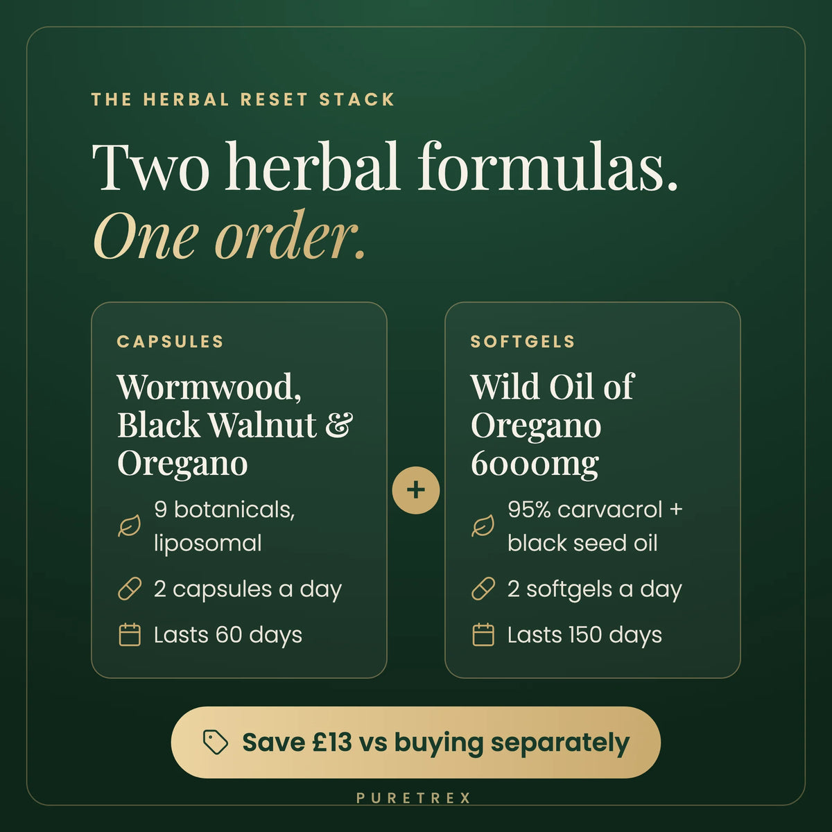 Herbal Reset Stack: Wormwood, Black Walnut & Oregano capsules for 60 days plus Wild Oil of Oregano 6000mg softgels for 150 days. Save £13 vs buying separately