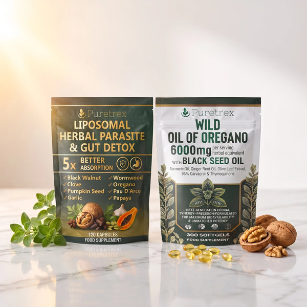 PURETREX Herbal Reset Stack: Wormwood, Black Walnut & Oregano capsules and Wild Oil of Oregano 6000mg softgels pouches on a white marble surface