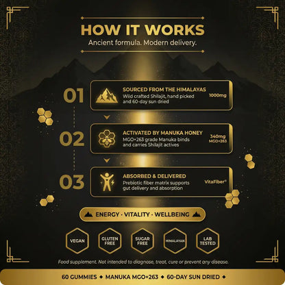 How It Works infographic for PURETREX Authentic Himalayan Shilajit Gummies showing the three step process - shilajit sourced from the Himalayas, activated with Manuka honey and delivered in a modern gummy format, ancient ingredient in modern delivery, 60 gummies with Manuka MGO 263 and sun dried shilajit