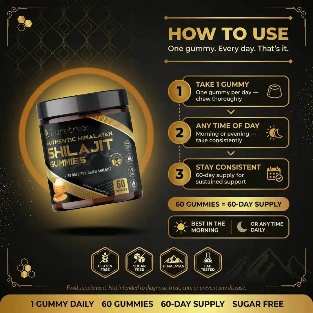 How to Use guide for PURETREX Authentic Himalayan Shilajit Gummies showing the black and gold jar - take 1 gummy daily at any time of day, stay consistent for daily use, 60 gummies for a 60 day supply, sugar free