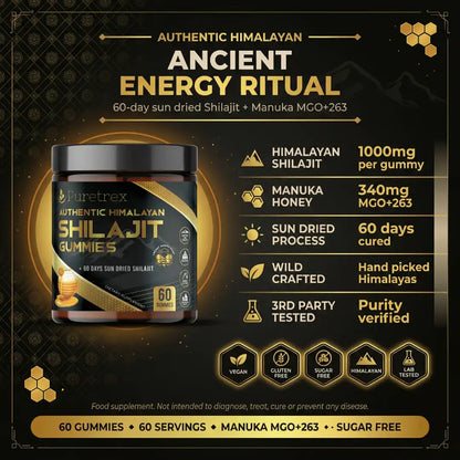 Overview infographic for PURETREX Authentic Himalayan Shilajit Gummies showing key product facts - 1000mg Himalayan shilajit per gummy, 340mg Manuka honey MGO 263, 60 days sun dried process, wild crafted, hand picked Himalayan sourced, third party tested and purity verified, 60 gummies and 60 servings per jar, sugar free