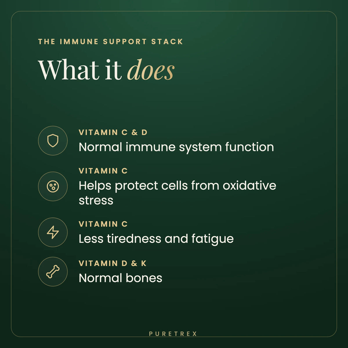 What the Immune Support Stack does: vitamins C and D contribute to normal immune system function, vitamin C to the protection of cells from oxidative stress and less tiredness, vitamins D and K to normal bones