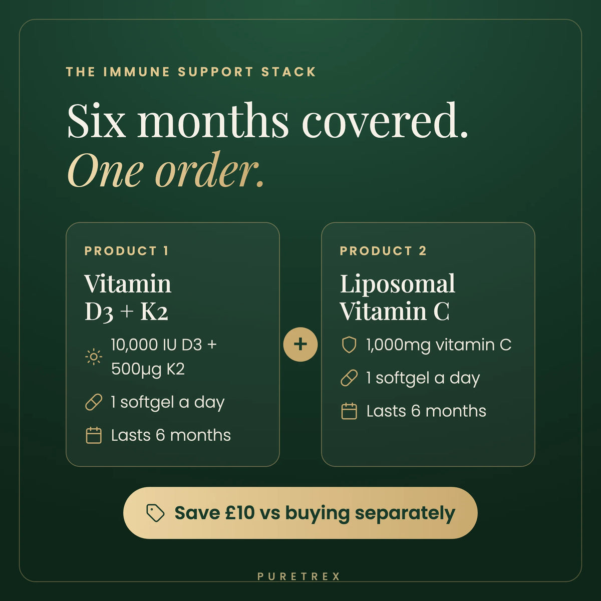 Immune Support Stack: Vitamin D3 + K2 and Liposomal Vitamin C 1,000mg, one softgel of each a day, both last 6 months. Save £10 vs buying separately