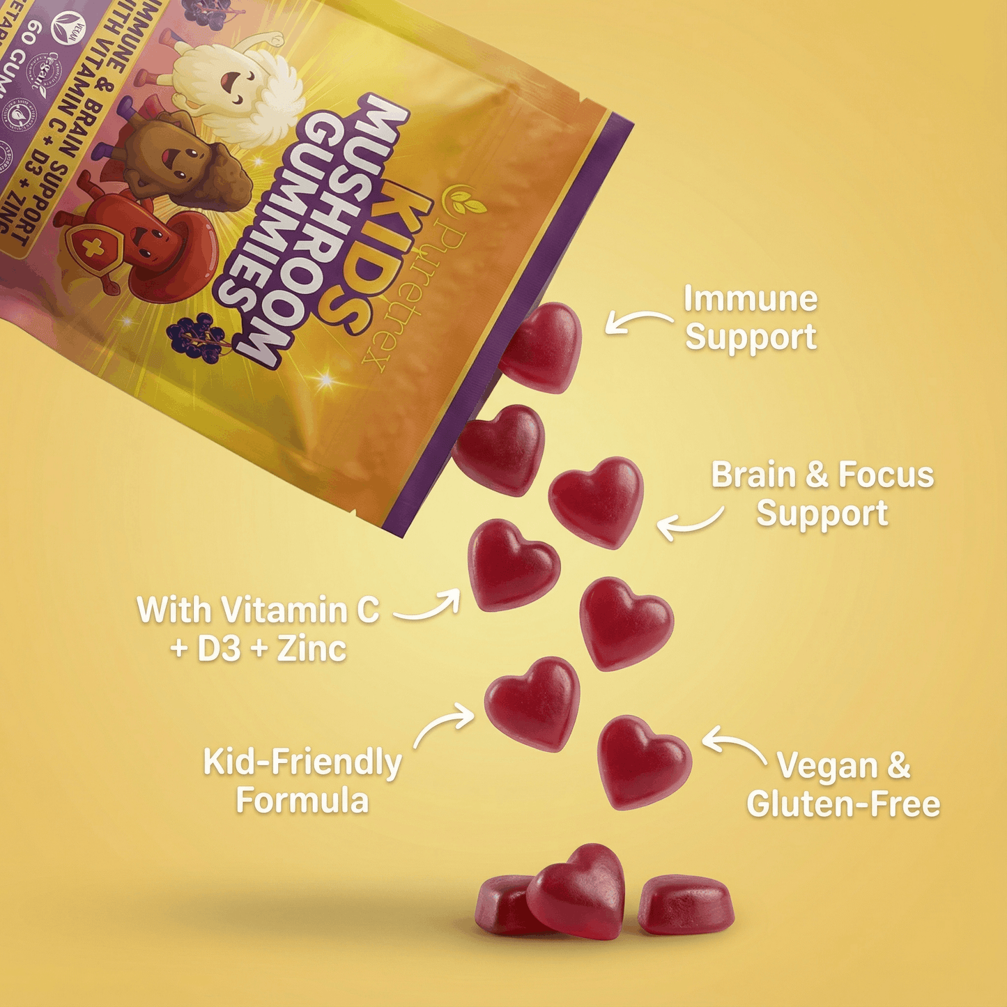 Close up image of red heart shaped kids mushroom gummies spilled from the PURETREX pouch, clearly showing the gummy texture, shape and colour, alongside visible packaging text referring to and and kid friendly gummy format