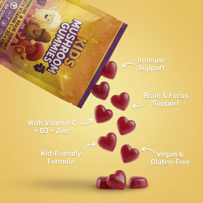Close up image of red heart shaped kids mushroom gummies spilled from the PURETREX pouch, clearly showing the gummy texture, shape and colour, alongside visible packaging text referring to and and kid friendly gummy format