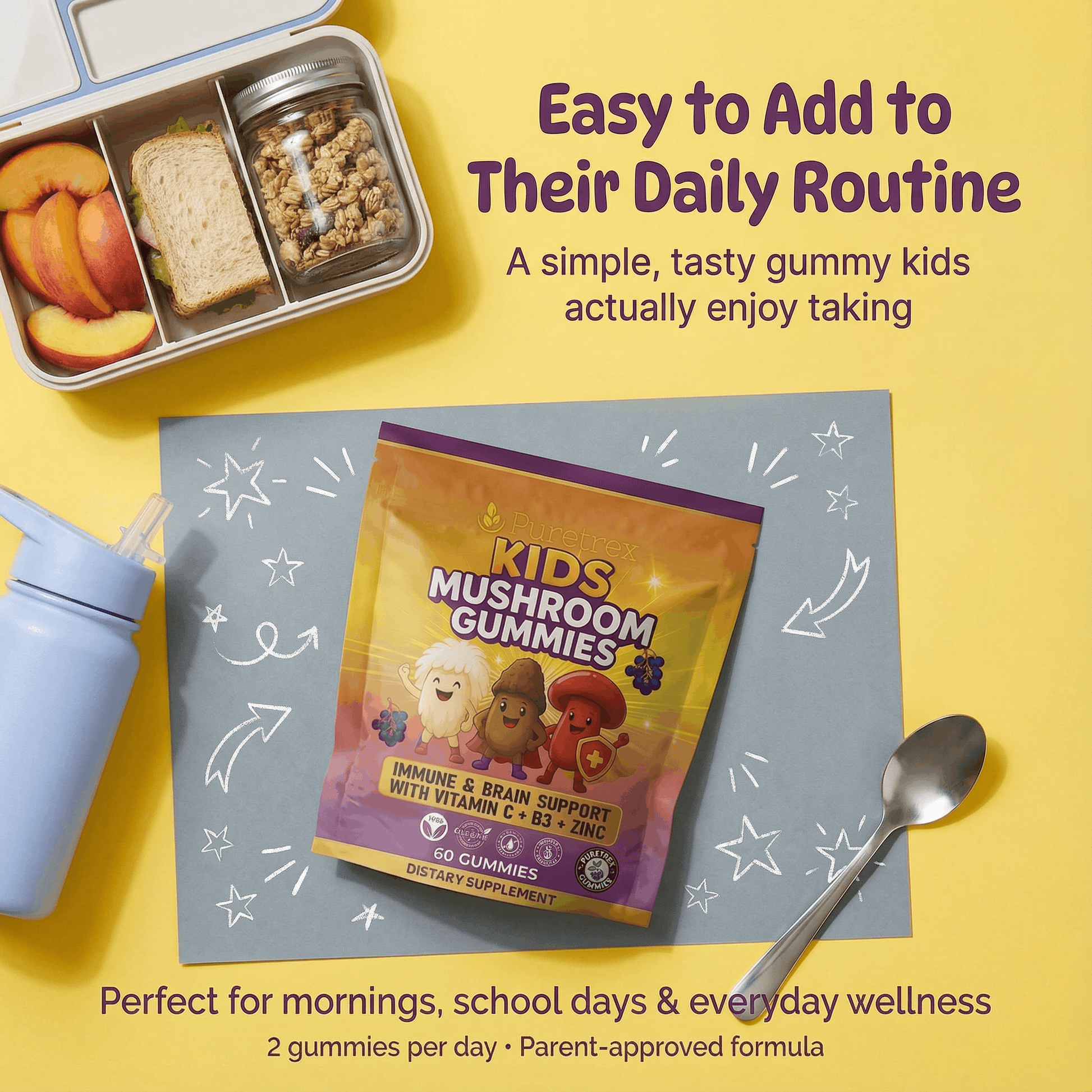 Lifestyle image showing PURETREX Kids Mushroom Gummies pouch placed next to small bowls and food items, demonstrating how the gummies are easy to add to a child’s daily routine, with visible packaging, gummy format and bright yellow background