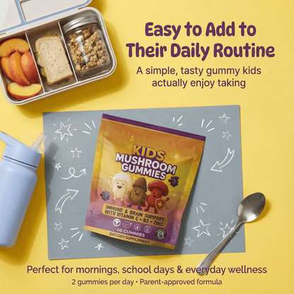 Lifestyle image showing PURETREX Kids Mushroom Gummies pouch placed next to small bowls and food items, demonstrating how the gummies are easy to add to a child’s daily routine, with visible packaging, gummy format and bright yellow background