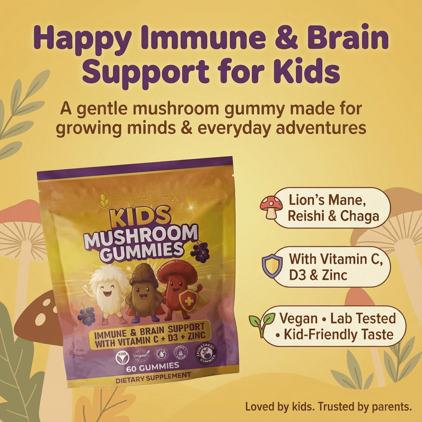 Infographic presenting PURETREX Kids Mushroom Gummies with visual icons and explanatory text describing system support and for children, highlighting vitamin C, vitamin D3, zinc and mushroom blend benefits, shown in a colourful kid friendly layout on a yellow background