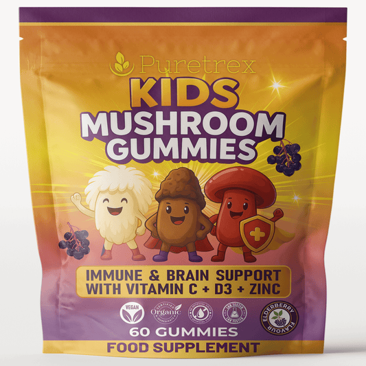 PURETREX Kids Mushroom Gummies for immune and brain support with Vitamin C, D3, and Zinc, 60 gummies with fun mushroom characters on orange and purple pouch