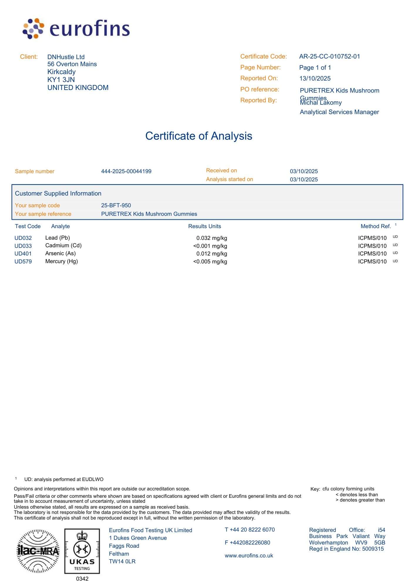 Laboratory test report document showing analytical results for PURETREX Kids Mushroom Gummies, including product identification details, testing parameters, quality checks and compliance information presented in a structured report layout
