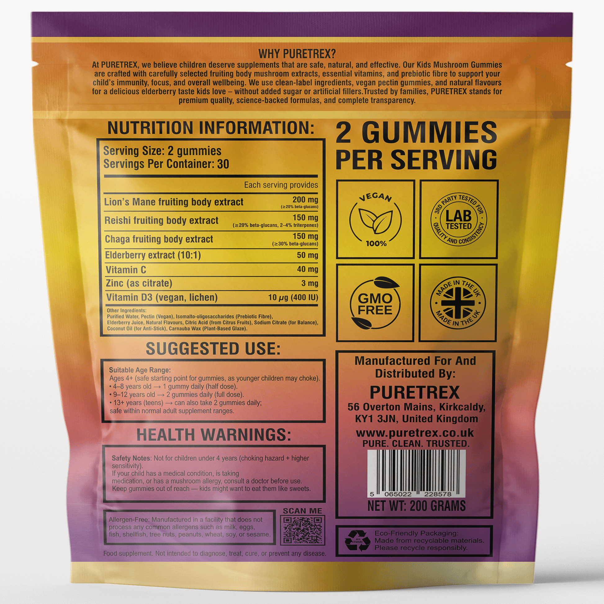 Supplement Facts for PURETREX Kids Mushroom Gummies showing dosage, natural ingredients, and daily values for vitamins and minerals