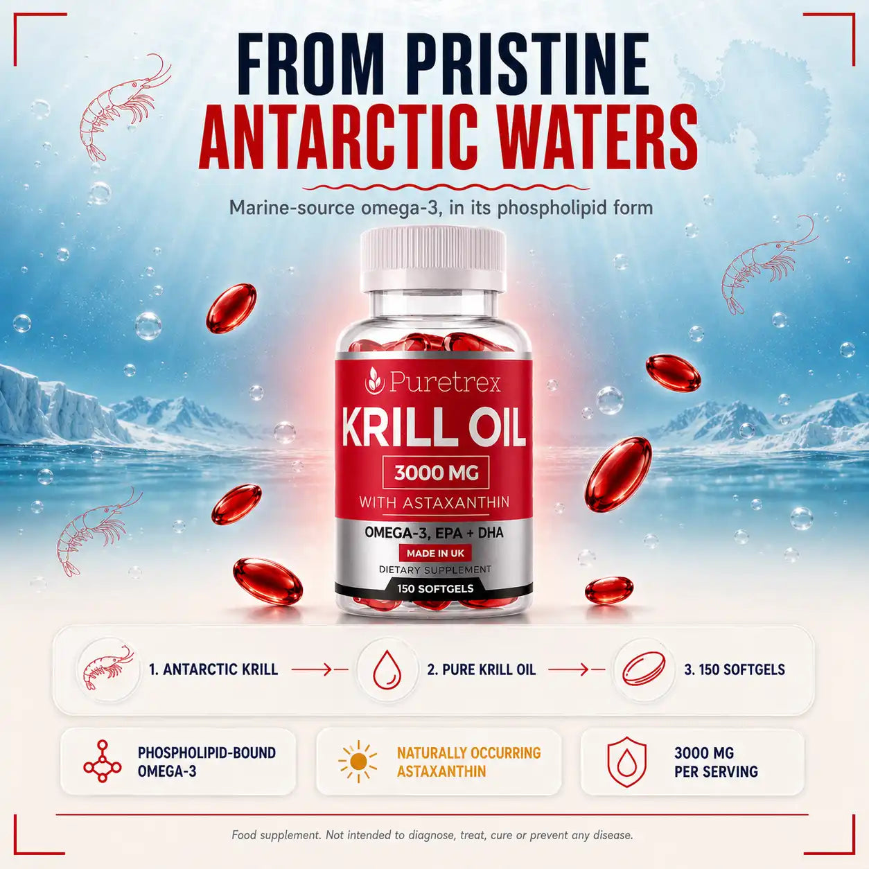 PURETREX Krill Oil 3000mg sourced from pristine Antarctic waters — marine-source omega-3 in its phospholipid form with naturally occurring astaxanthin, 150 softgels.