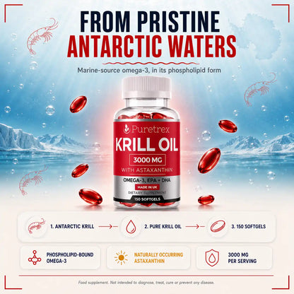 PURETREX Krill Oil 3000mg sourced from pristine Antarctic waters — marine-source omega-3 in its phospholipid form with naturally occurring astaxanthin, 150 softgels.