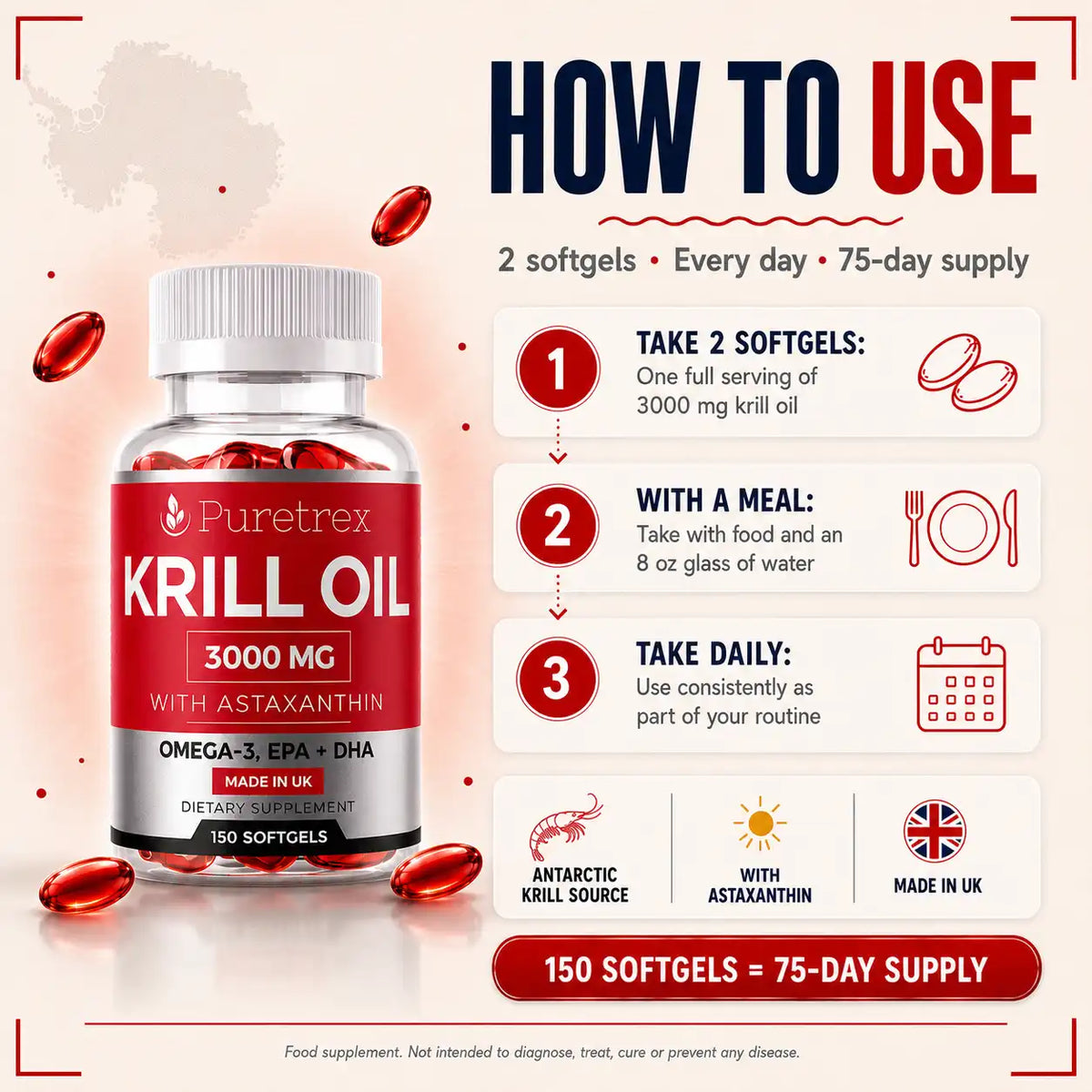 How to use PURETREX Krill Oil 3000mg — take 2 softgels daily with a meal and water; 150 softgels provide a 75-day supply, made in the UK.